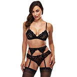 Baci 3pc Lace Garter Set Black - S/M