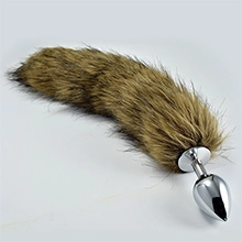 XR Brands Large Silver Plug With Brown Faux Fur Tail