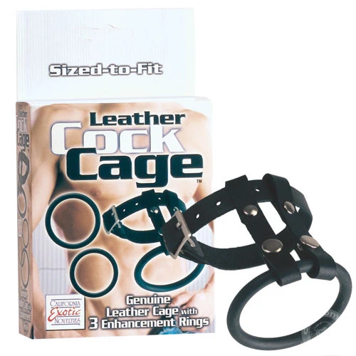 Genuine Leather Cock Cage With 3 Enhancement Rings