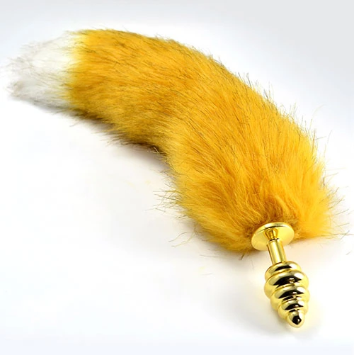 XR Brands Metal Spiral Anal Plug With Yellow Faux Fur Tail